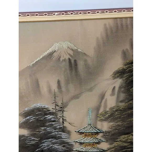 Vintage Pair of Japanese‎ Silk Paintings Embroidered Crewel Asian Mount Fuji MCM Mixed Media